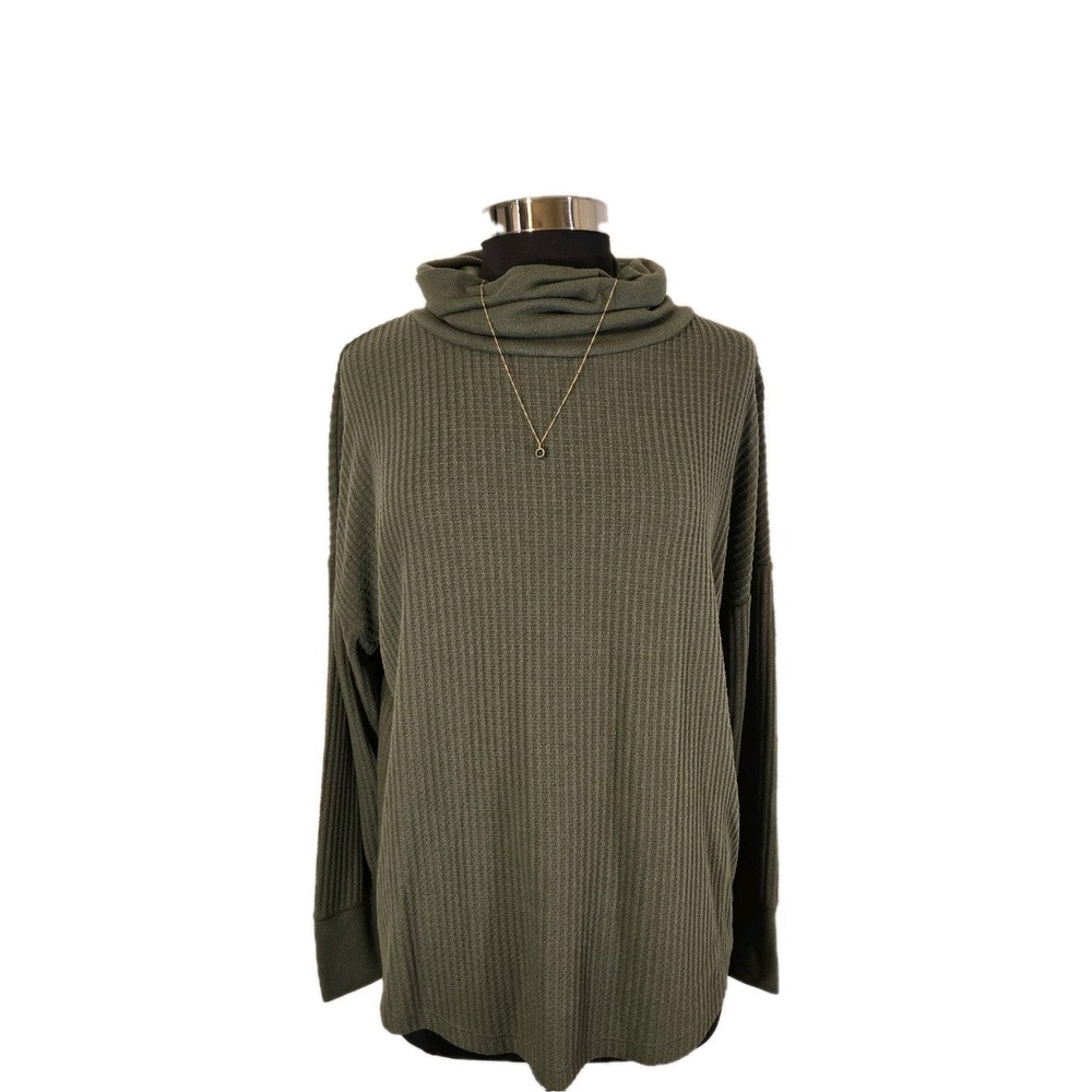 Time and Tru Olive Ribbed Cowl Neck Tunic Sweater Women's SZ L Pre-owned